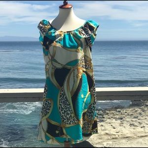 Gorgeous turquoise & black short dress or tunic. On or off the shoulder. 10-12